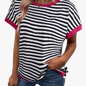 Women's Black & White Striped Short Sleeve Tee with Pink Trim